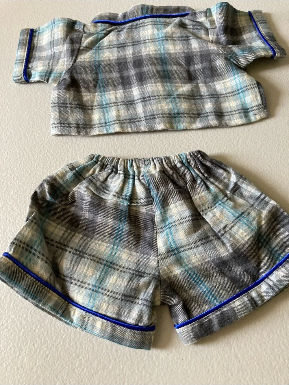 Stuff A Friend Teddy Bear Casual Plaid Shirt & Shorts Outfit Set Gray Blue